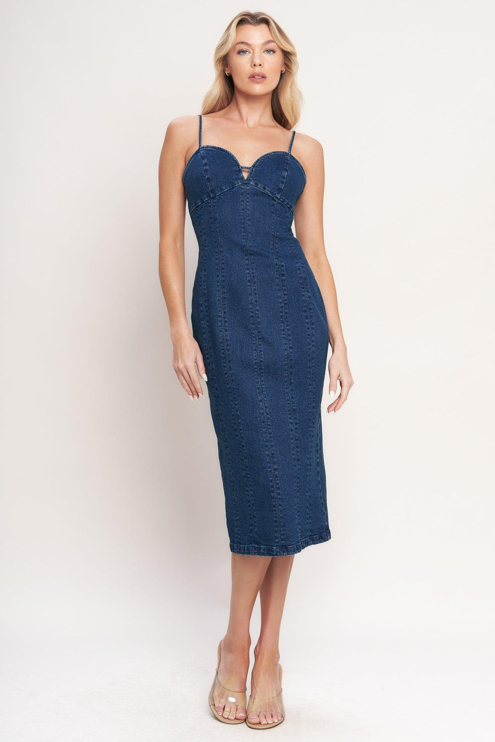 CITY LIGHTS DENIM MIDI DRESS.