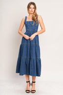 EVERYDAY ROMANCE DENIM MIDI DRESS.