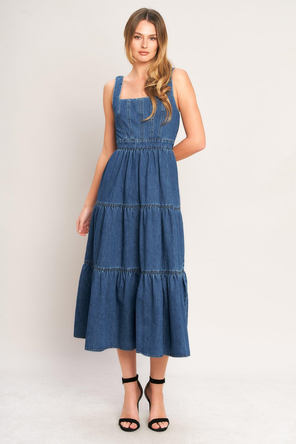 EVERYDAY ROMANCE DENIM MIDI DRESS.