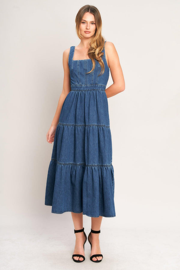EVERYDAY ROMANCE DENIM MIDI DRESS.