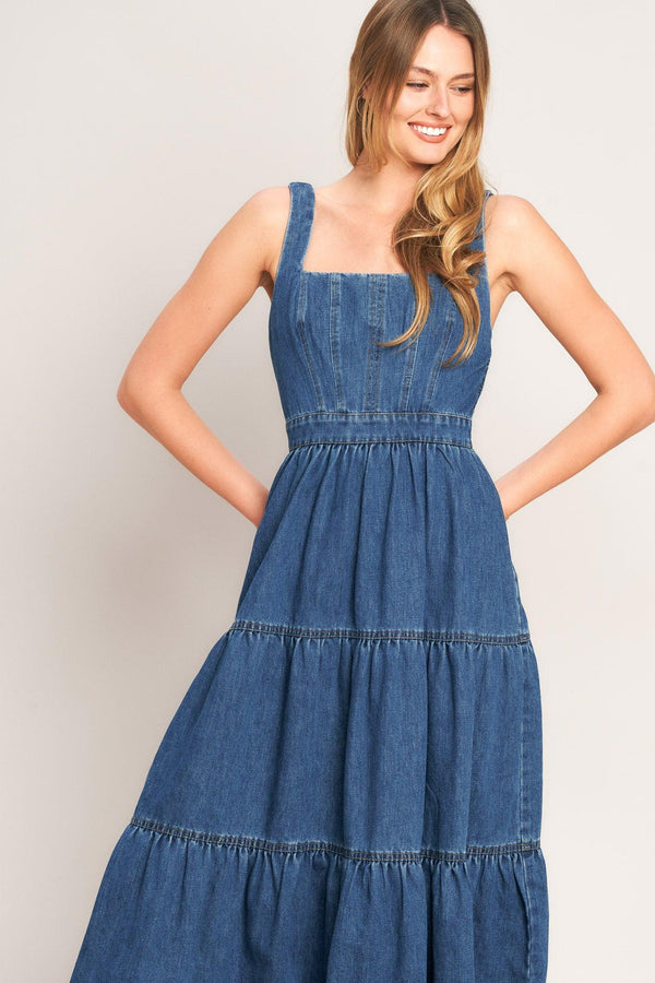 EVERYDAY ROMANCE DENIM MIDI DRESS.
