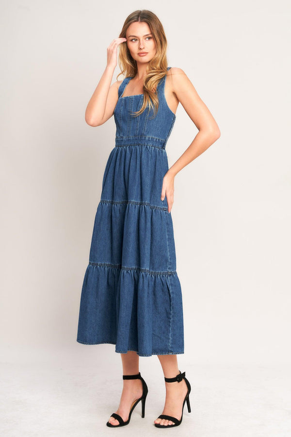 EVERYDAY ROMANCE DENIM MIDI DRESS.