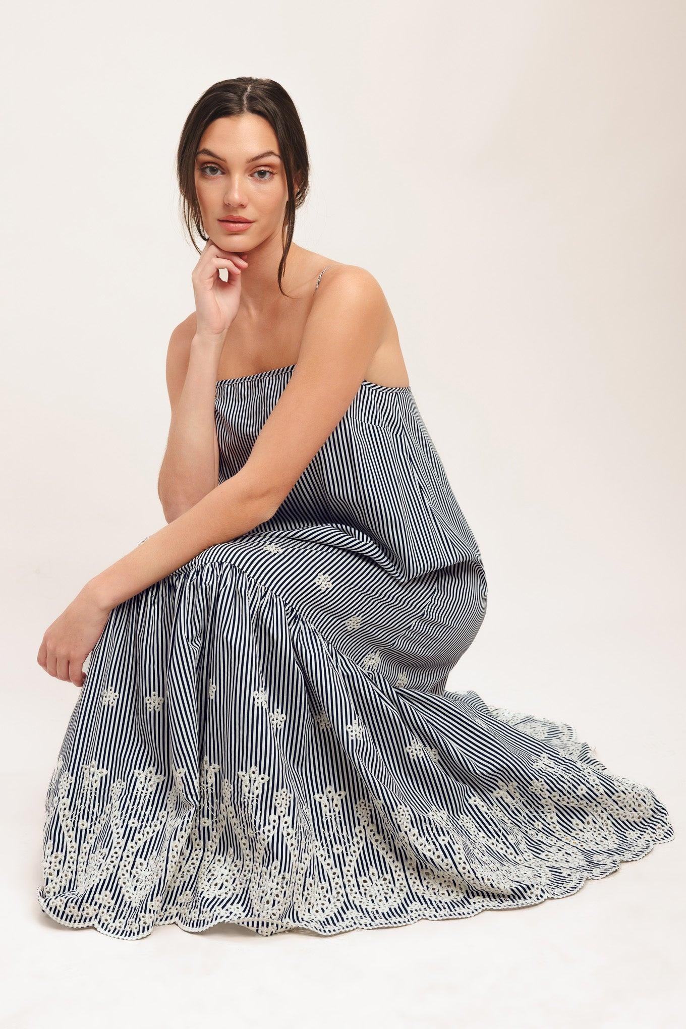 A striped woven midi dress featuring straight neckline, straps, embroidered hem, bare back with tie closure
Details:
Self: 100% Polyester
Size & Fit
-Model is 5`8" And Wearing Size Small
-Measurements Taken From Size Small
-Approx. Length: 51"