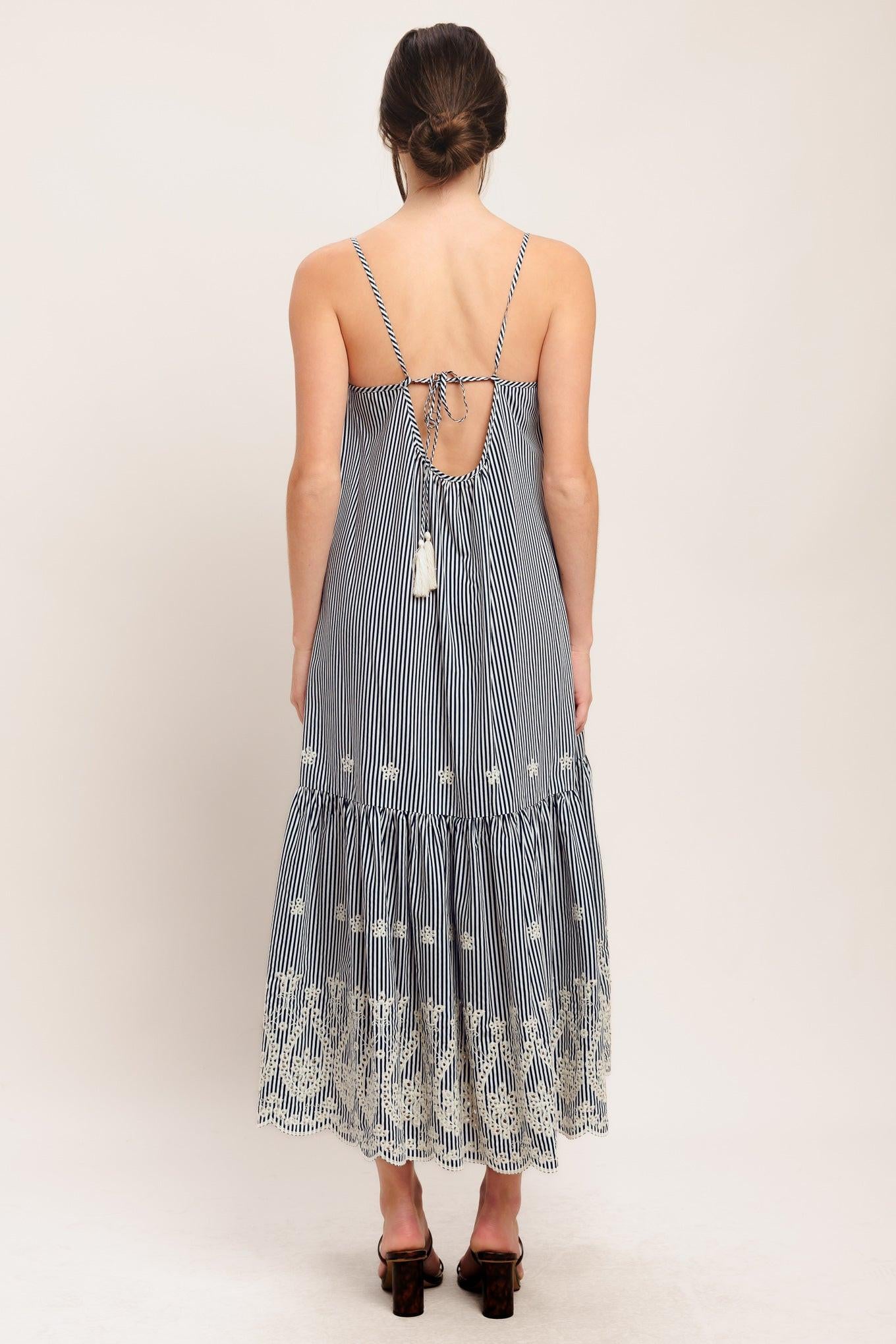 A striped woven midi dress featuring straight neckline, straps, embroidered hem, bare back with tie closure
Details:
Self: 100% Polyester
Size & Fit
-Model is 5`8" And Wearing Size Small
-Measurements Taken From Size Small
-Approx. Length: 51"