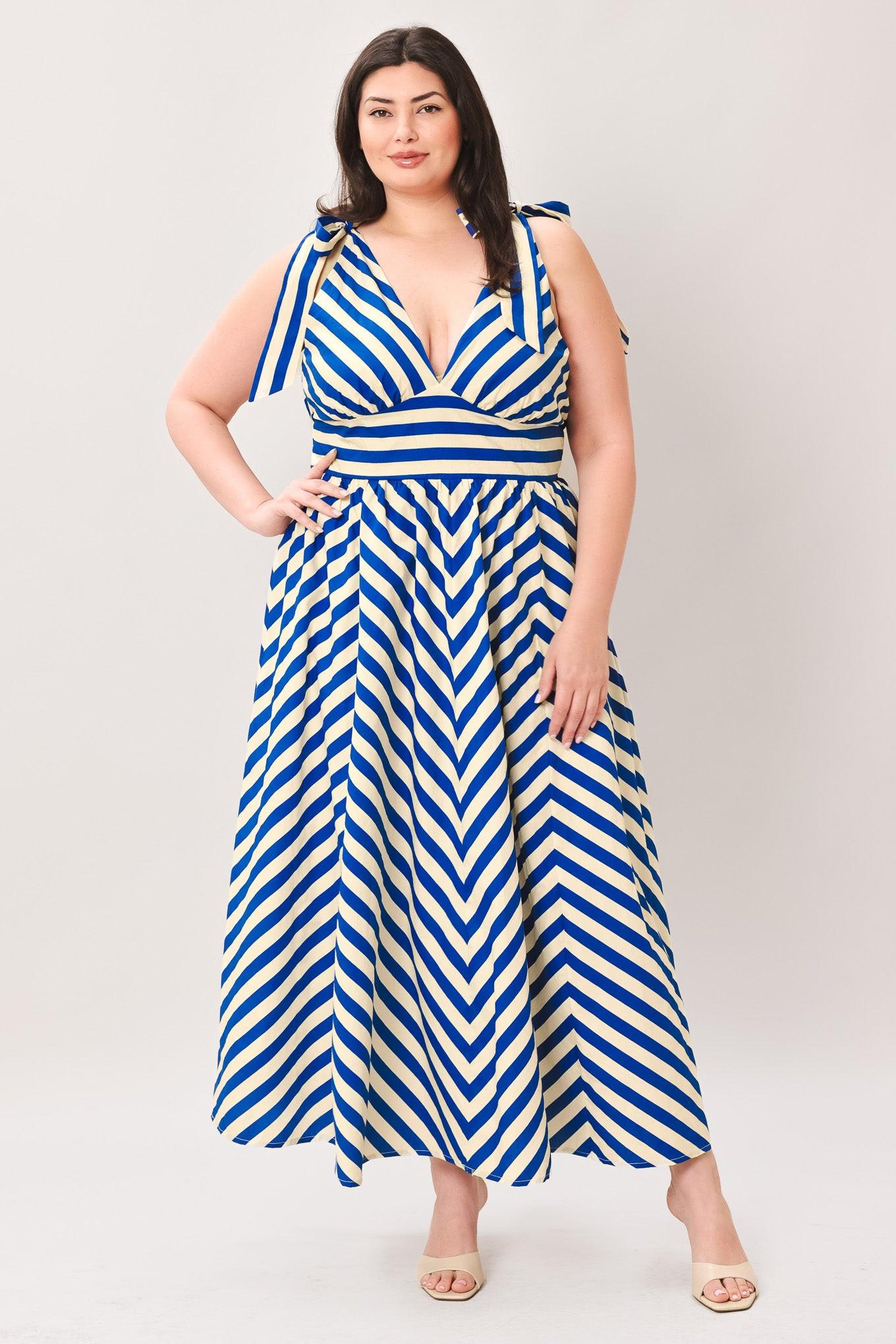 BLUE VOYAGE STRIPE WOVEN MIDI DRESS
