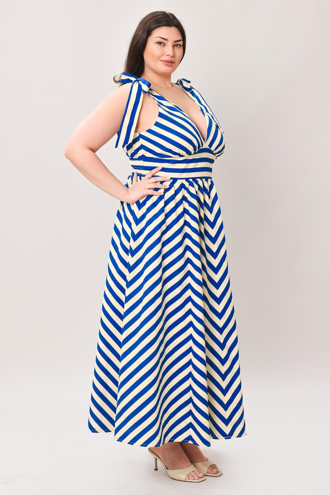 BLUE VOYAGE STRIPE WOVEN MIDI DRESS