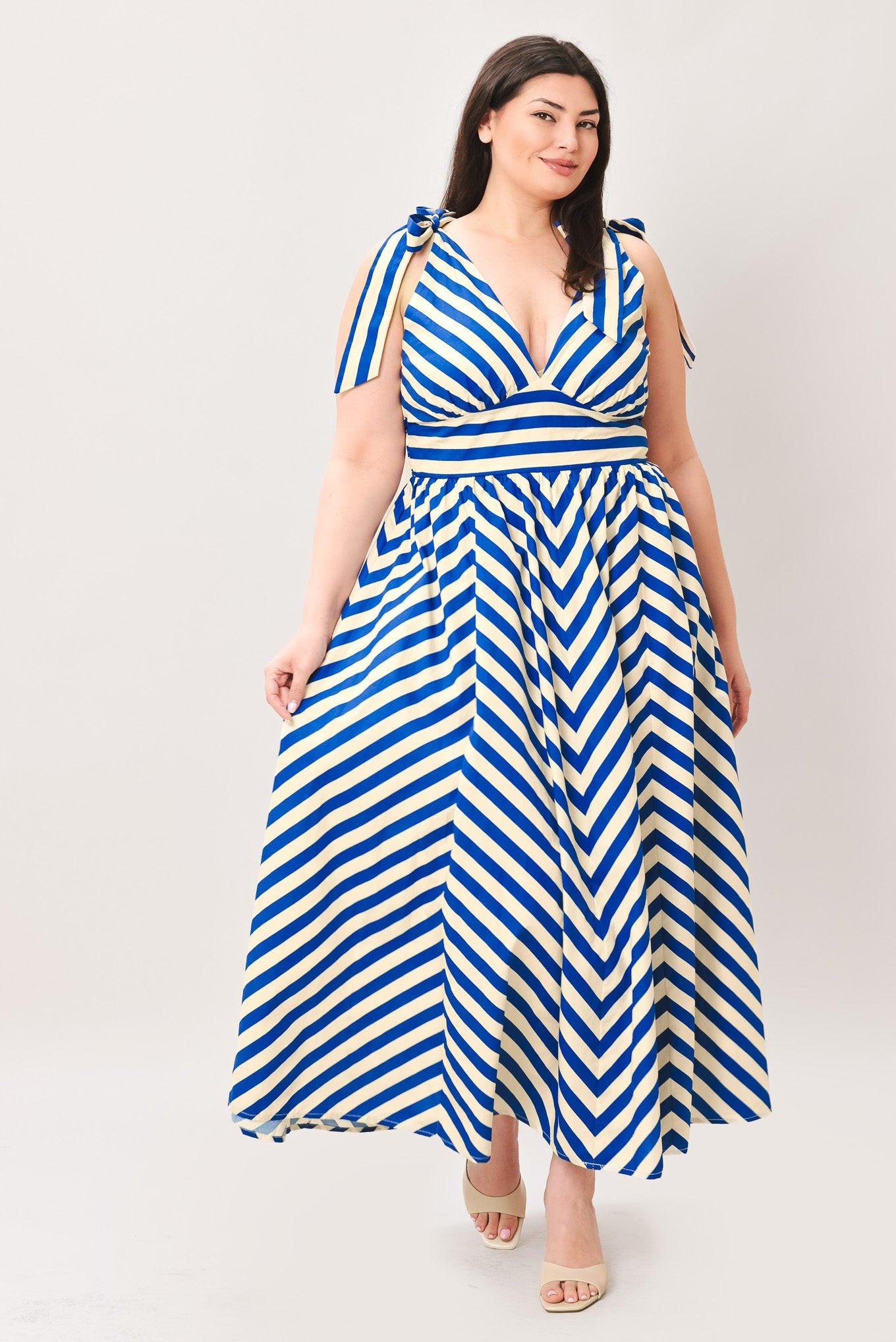 BLUE VOYAGE STRIPE WOVEN MIDI DRESS