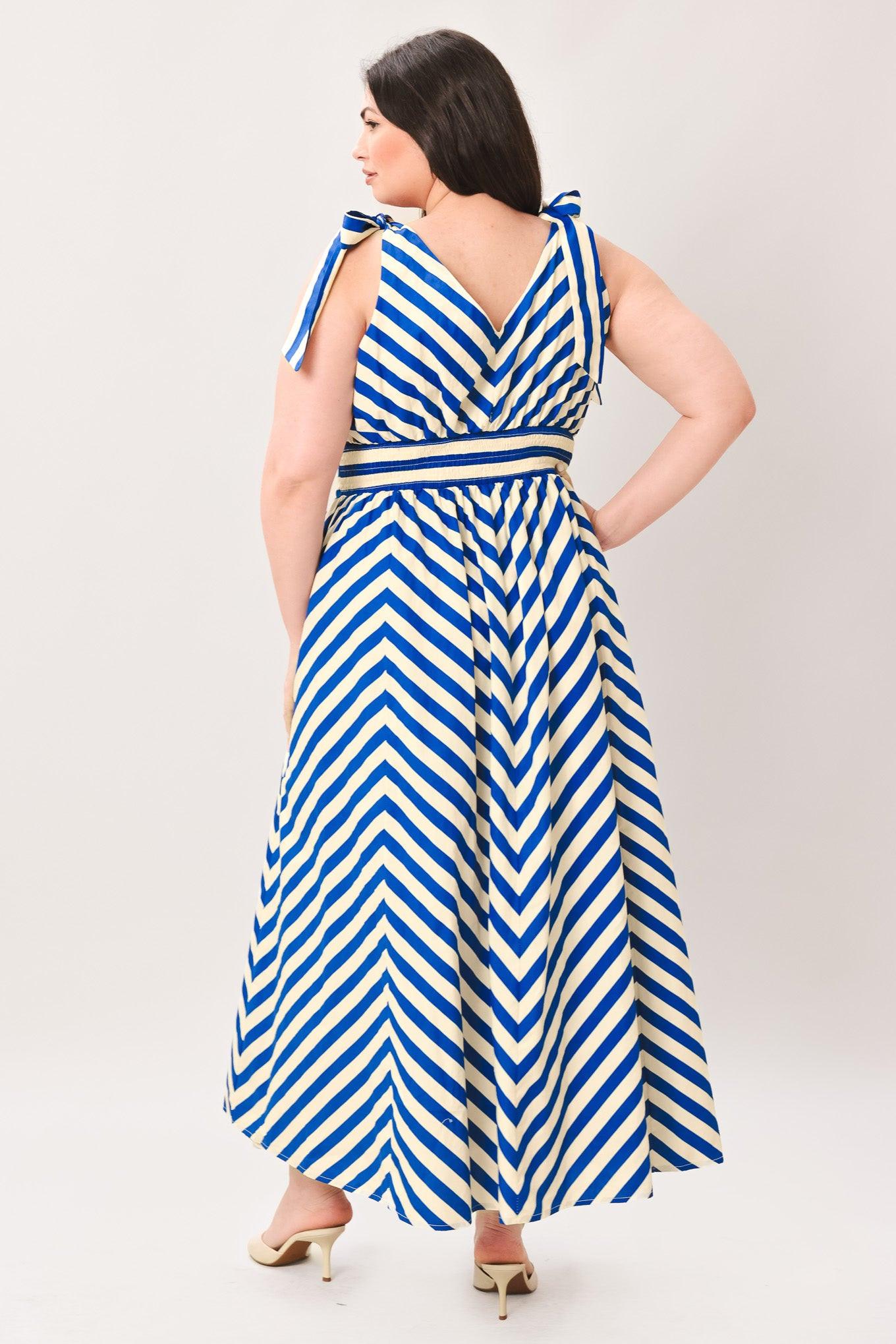 BLUE VOYAGE STRIPE WOVEN MIDI DRESS