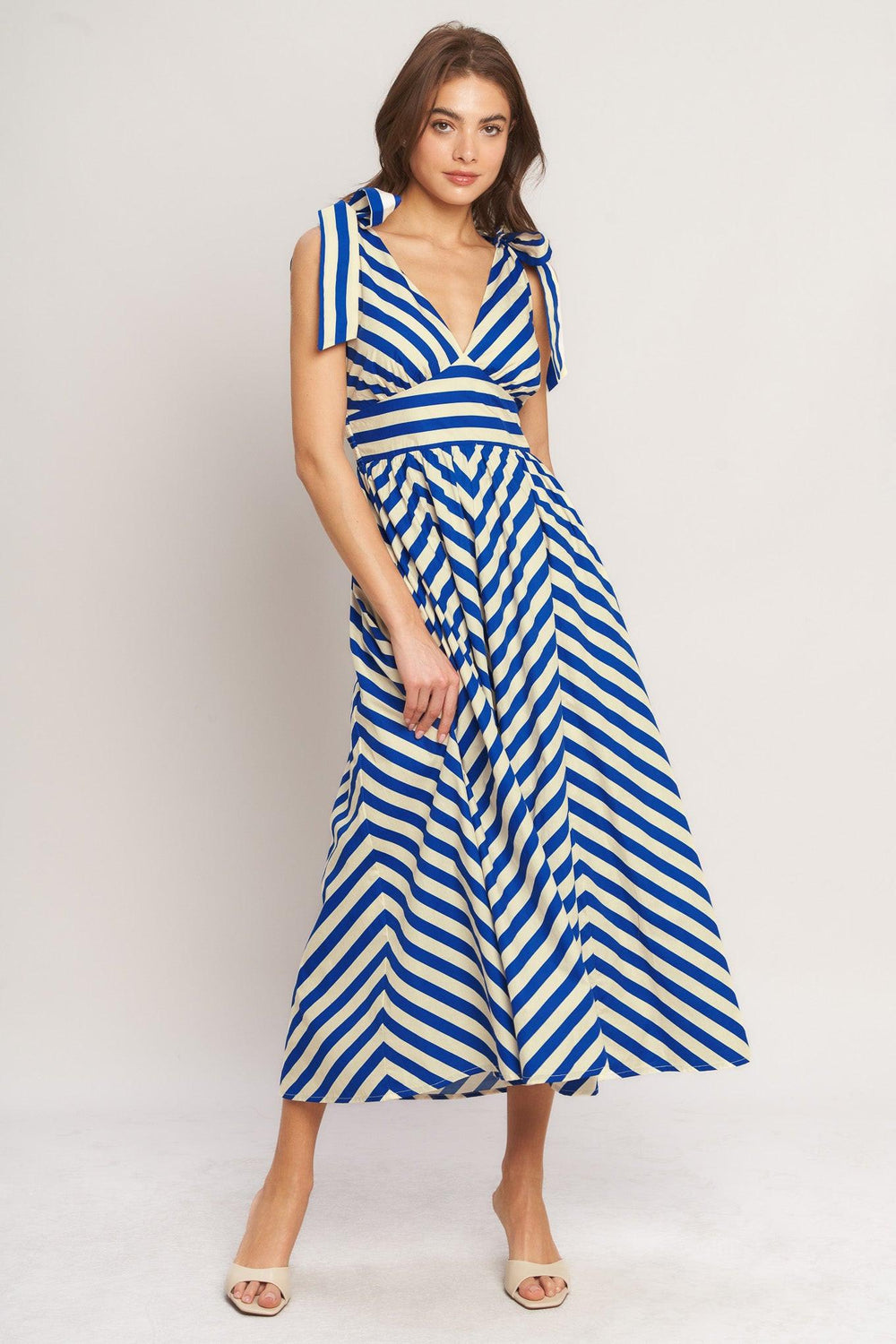 BLUE VOYAGE STRIPE WOVEN MIDI DRESS.