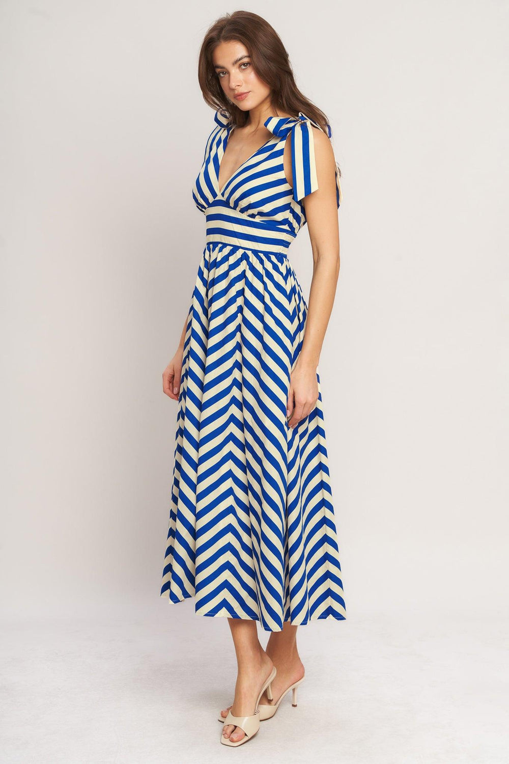BLUE VOYAGE STRIPE WOVEN MIDI DRESS.