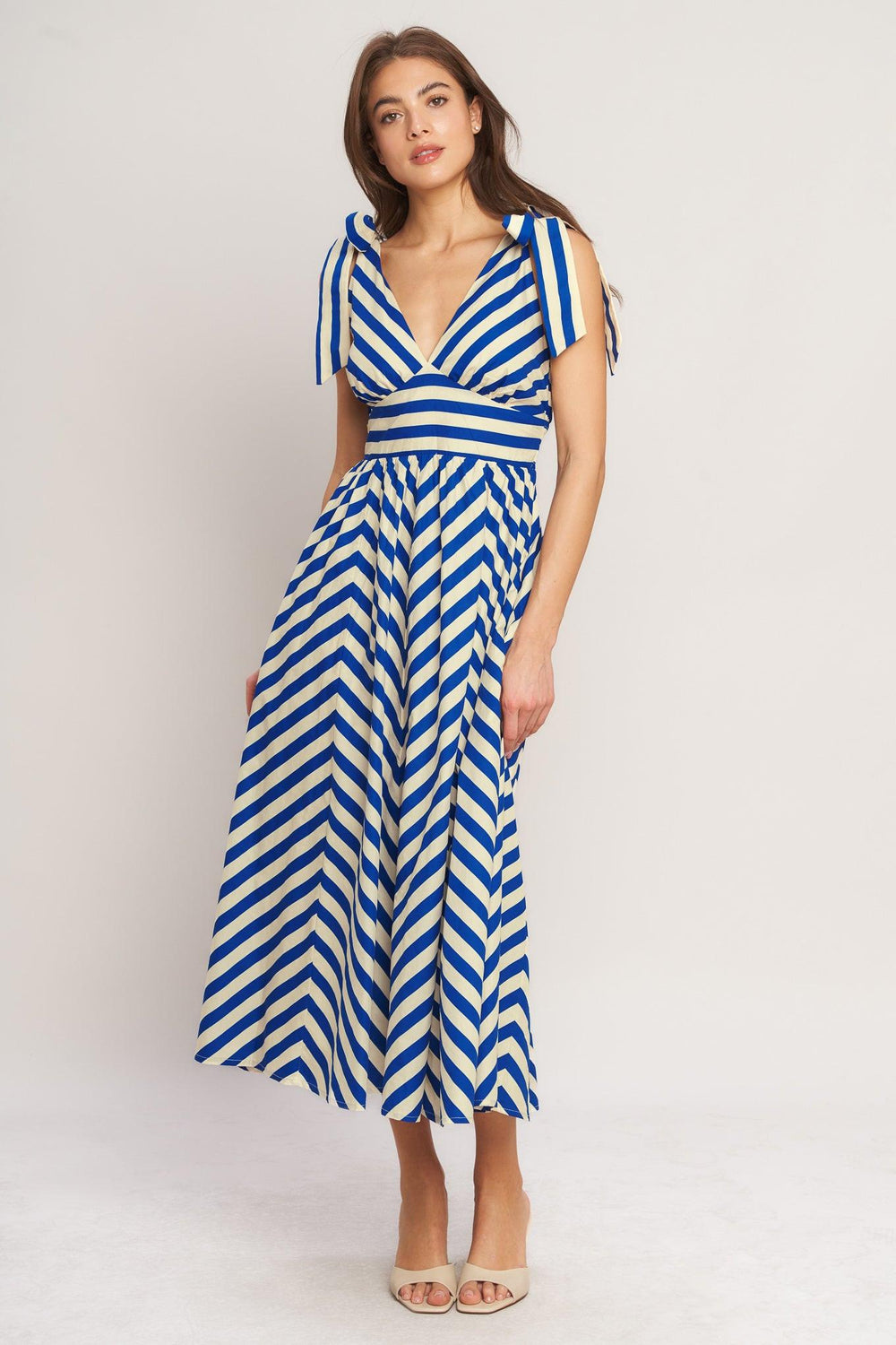 BLUE VOYAGE STRIPE WOVEN MIDI DRESS.