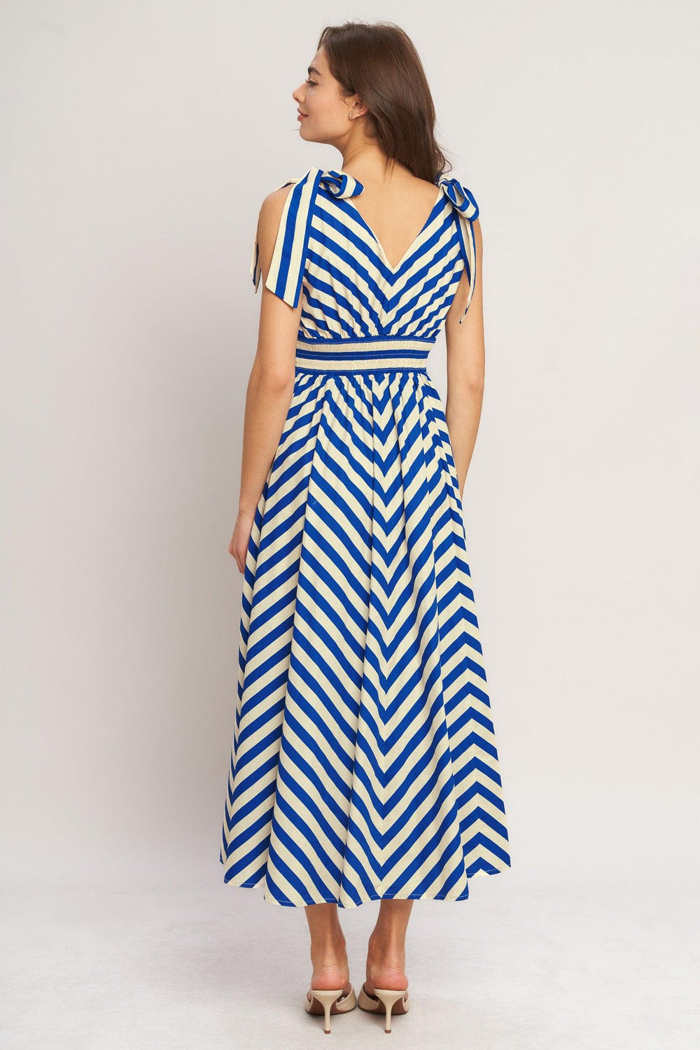 BLUE VOYAGE STRIPE WOVEN MIDI DRESS.