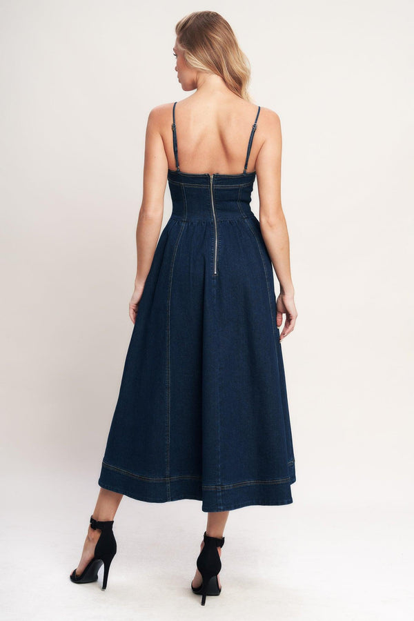 A denim midi dress featuring cami top, full skirt and back zipper closure

Details:

Self: 70% Cotton 28.5% Polyester 1.5% Spandex

Size & Fit

-Model is 5`8" And Wearing Size Small
-Measurements Taken From Size Small
-Approx. Length: 50"