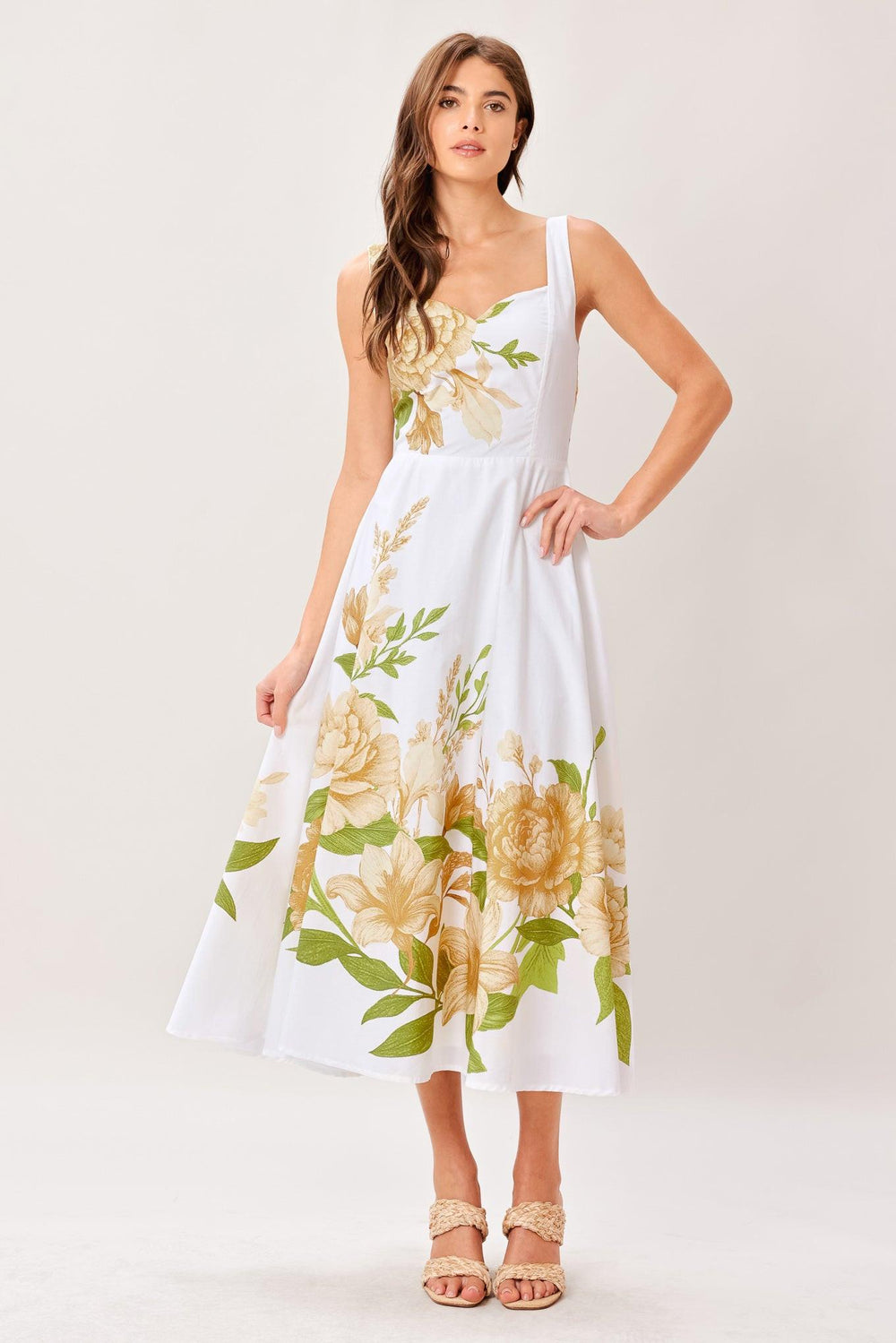 CREAM BOTANICA WOVEN MIDI DRESS.
