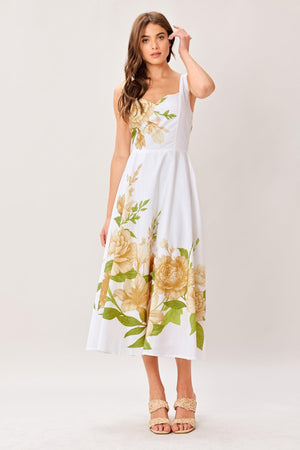 CREAM BOTANICA WOVEN MIDI DRESS.