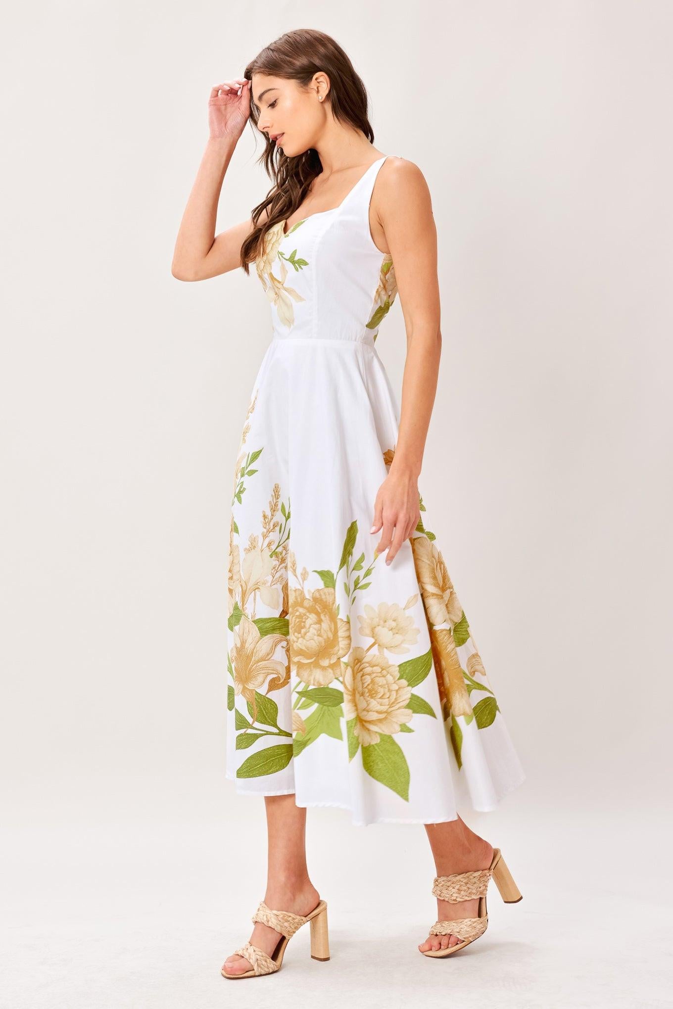 Woman wearing a printed woven midi dress featuring sweetheart neckline, sleeveless, circle skirt and back zipper closure