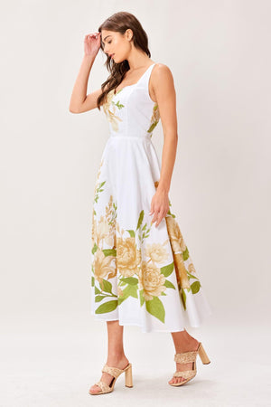 CREAM BOTANICA WOVEN MIDI DRESS.