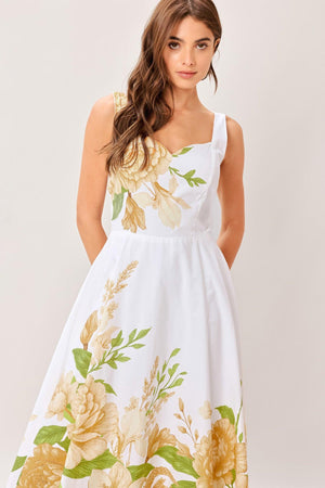 CREAM BOTANICA WOVEN MIDI DRESS.