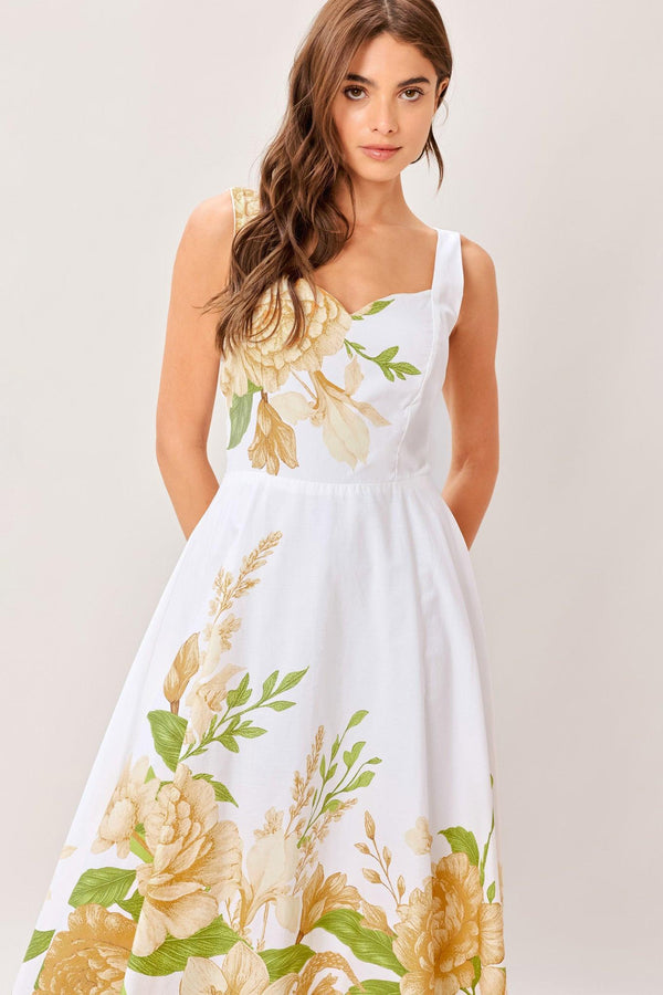 CREAM BOTANICA WOVEN MIDI DRESS.