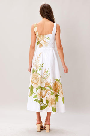 CREAM BOTANICA WOVEN MIDI DRESS.