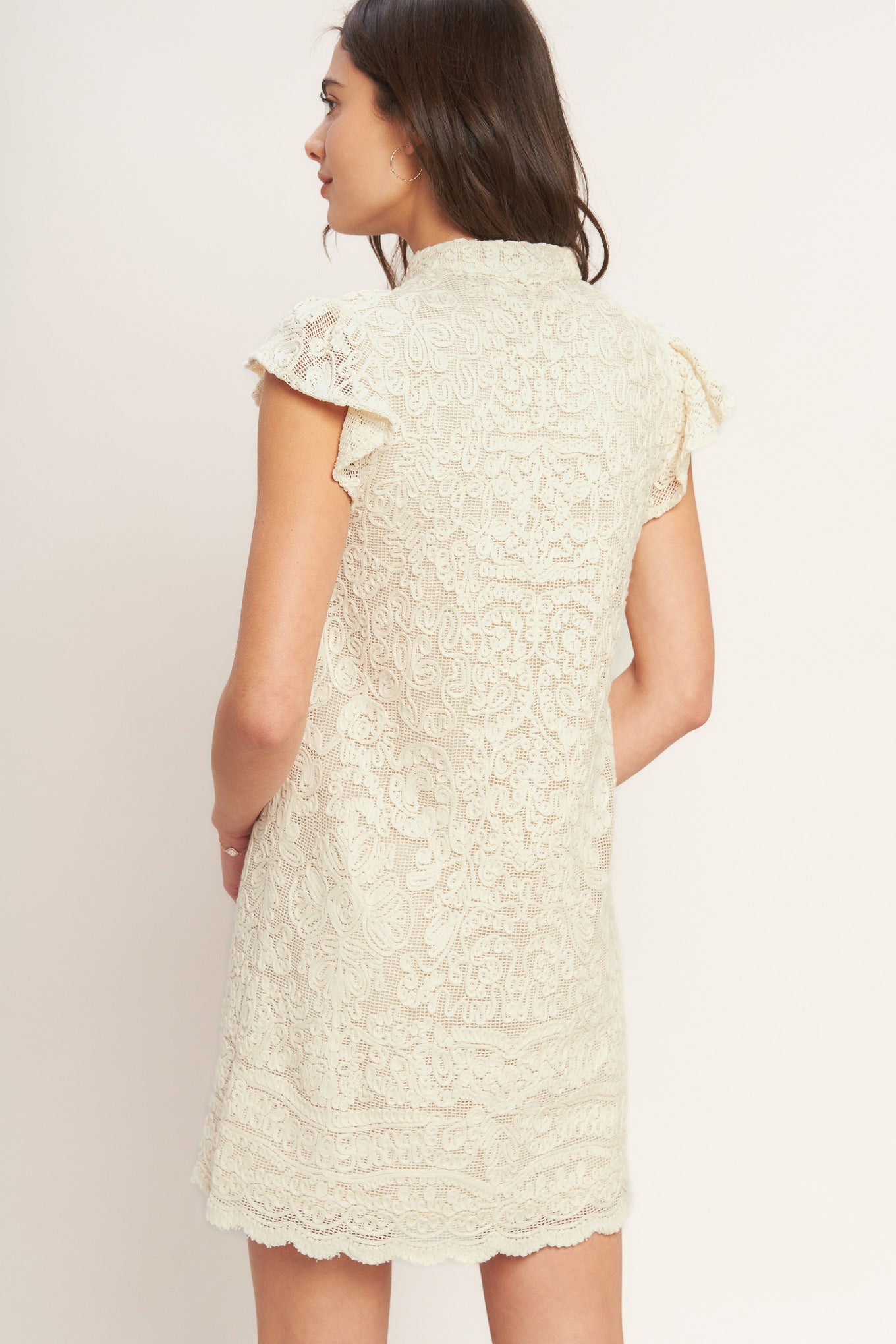 
A woven cord lace mini dress featuring V neckline and short flutter sleeve

Details:

Self : 100% Cotton
Lining : 100% Polyester

Size &amp; Fit

- Model is 5`8" And Wearing Size Small
- Measurements Taken From Size Small
- Approx. Length: 34" FLYING TOMATO