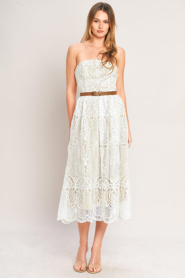 ELEGANT GARDEN WOVEN LACE MIDI DRESS.
