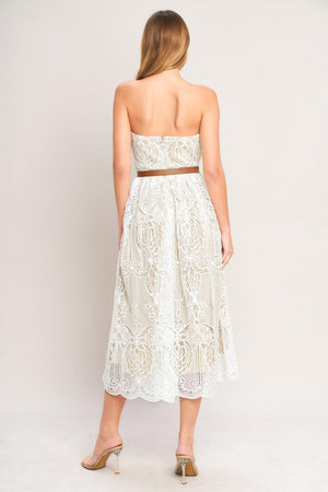 ELEGANT GARDEN WOVEN LACE MIDI DRESS.