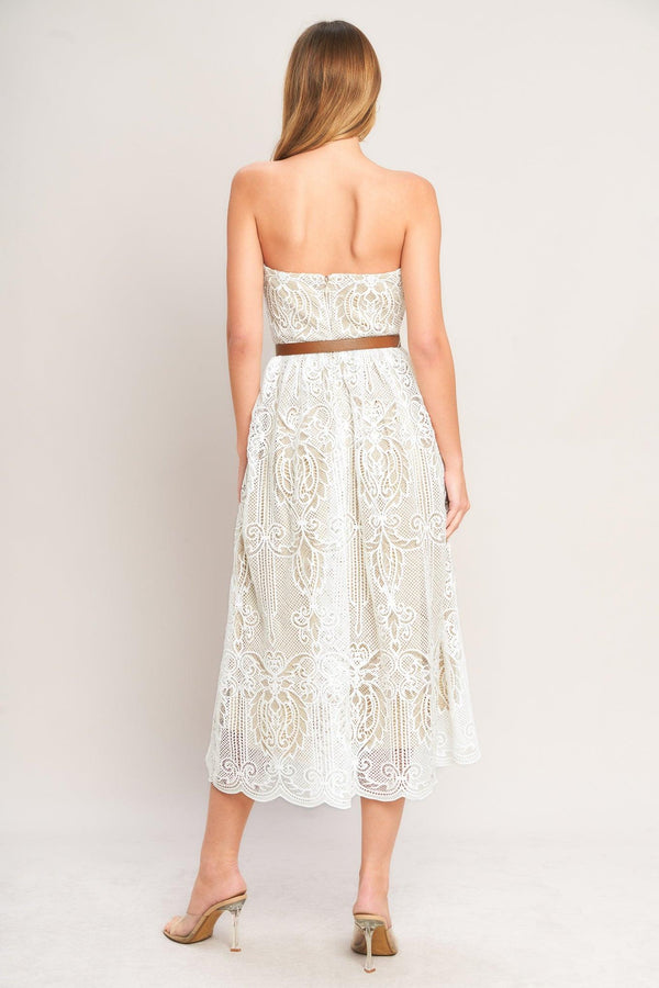ELEGANT GARDEN WOVEN LACE MIDI DRESS.