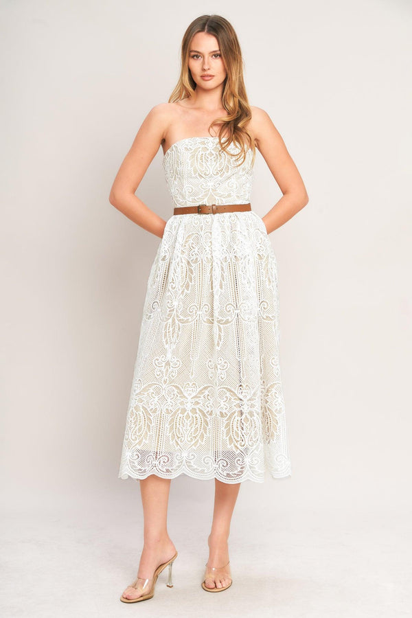 ELEGANT GARDEN WOVEN LACE MIDI DRESS.