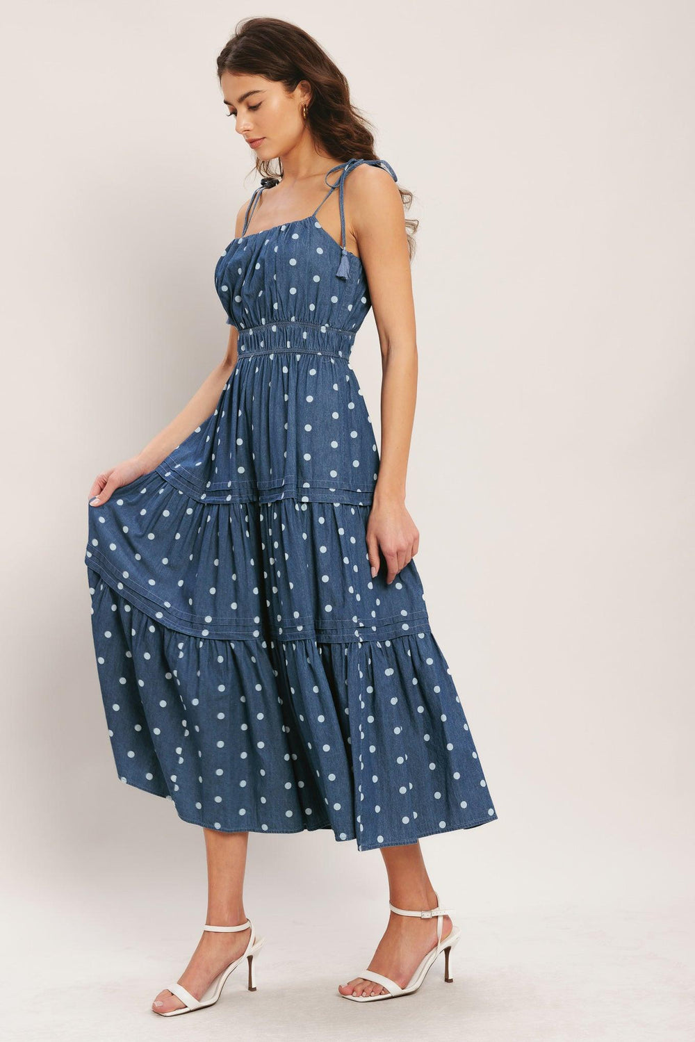 NAUTICAL DOT DENIM MIDI DRESS.