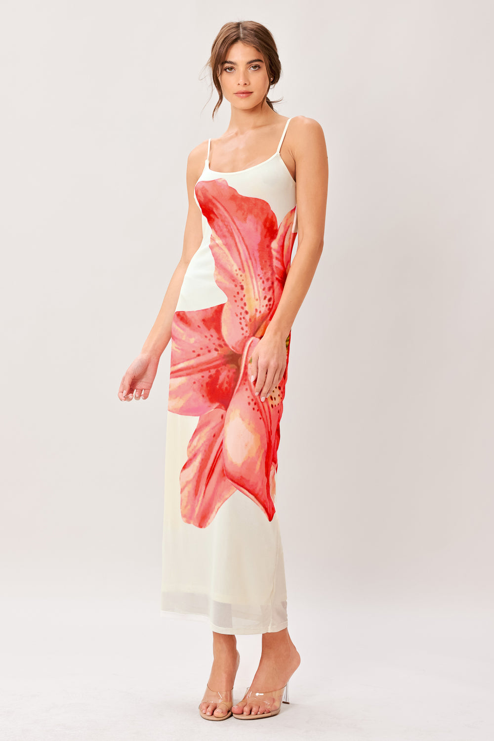 BLOOM STATEMENT POWER MESH CAMI MIDI DRESS.