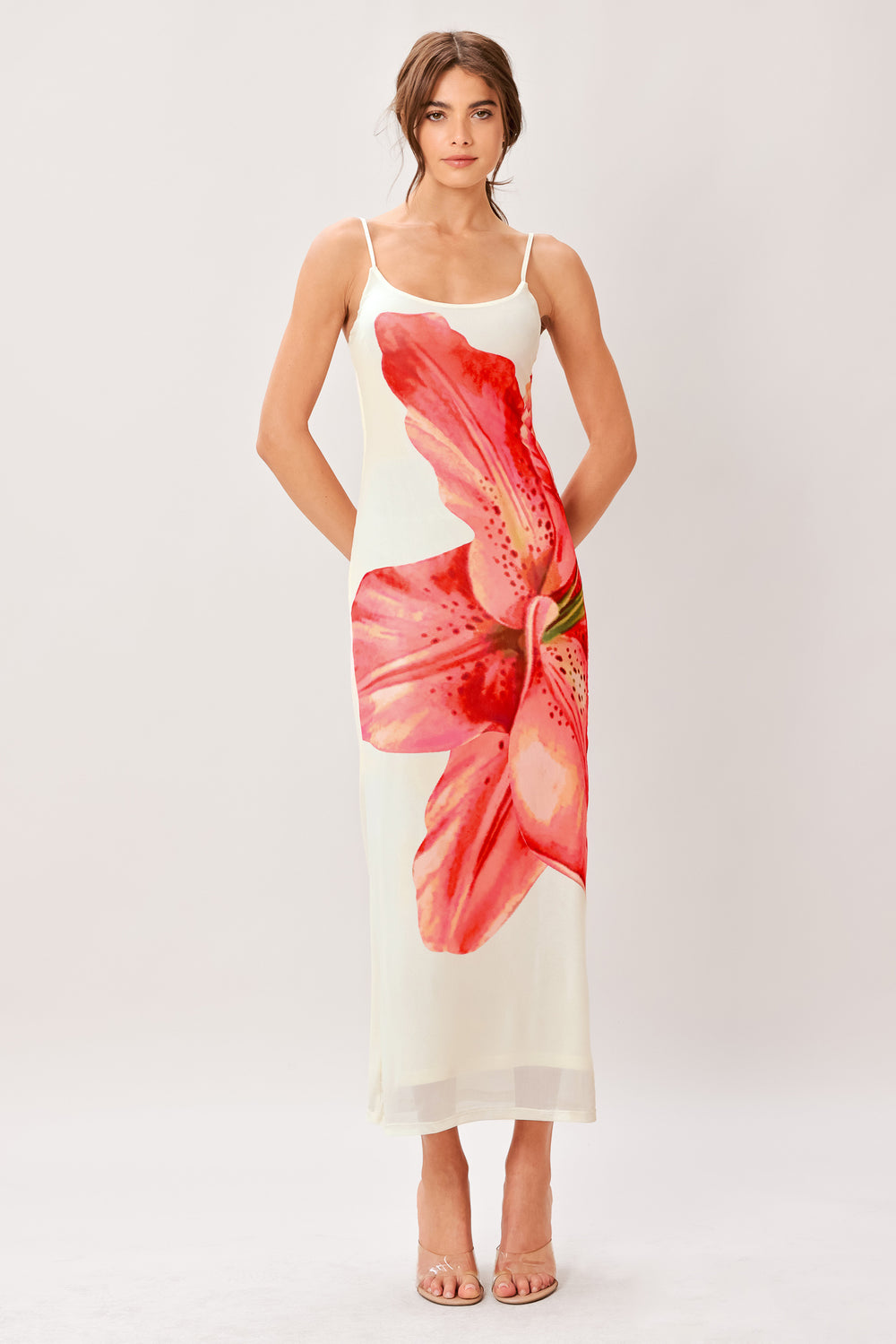 BLOOM STATEMENT POWER MESH CAMI MIDI DRESS.
