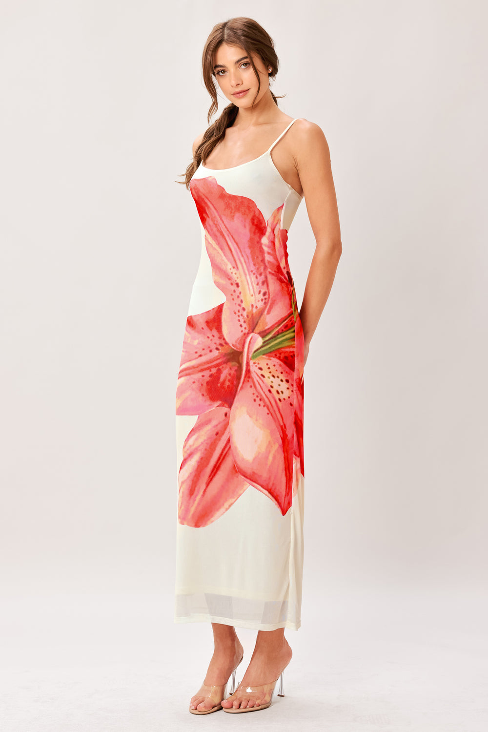 BLOOM STATEMENT POWER MESH CAMI MIDI DRESS.
