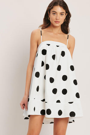 RUNWAY POLKA WOVEN MINI DRESS.