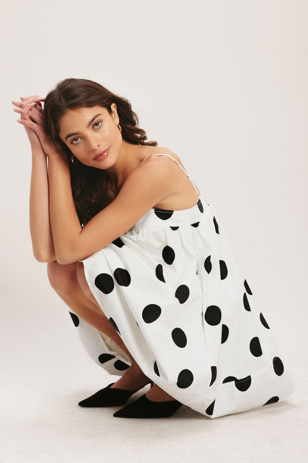 RUNWAY POLKA WOVEN MINI DRESS.