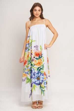 A printed woven ankle dress featuring straight neckline with straps and low back with tie