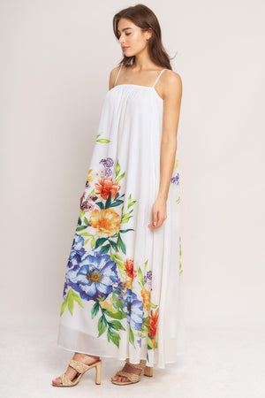 A printed woven ankle dress featuring straight neckline with straps and low back with tie