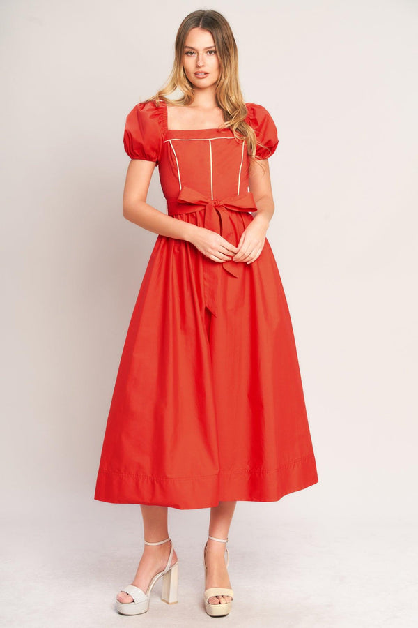 SUNSET ROMANCE WOVEN MIDI DRESS.