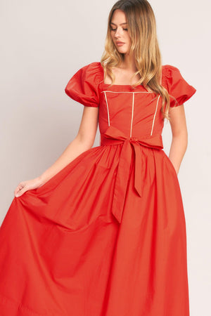 SUNSET ROMANCE WOVEN MIDI DRESS.