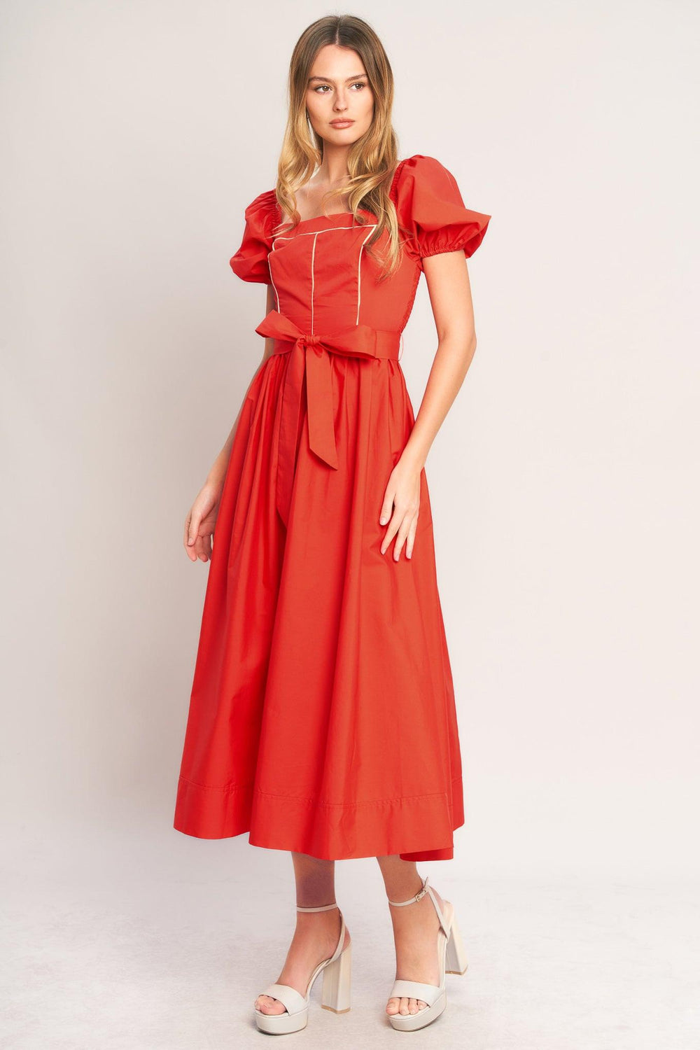 SUNSET ROMANCE WOVEN MIDI DRESS.