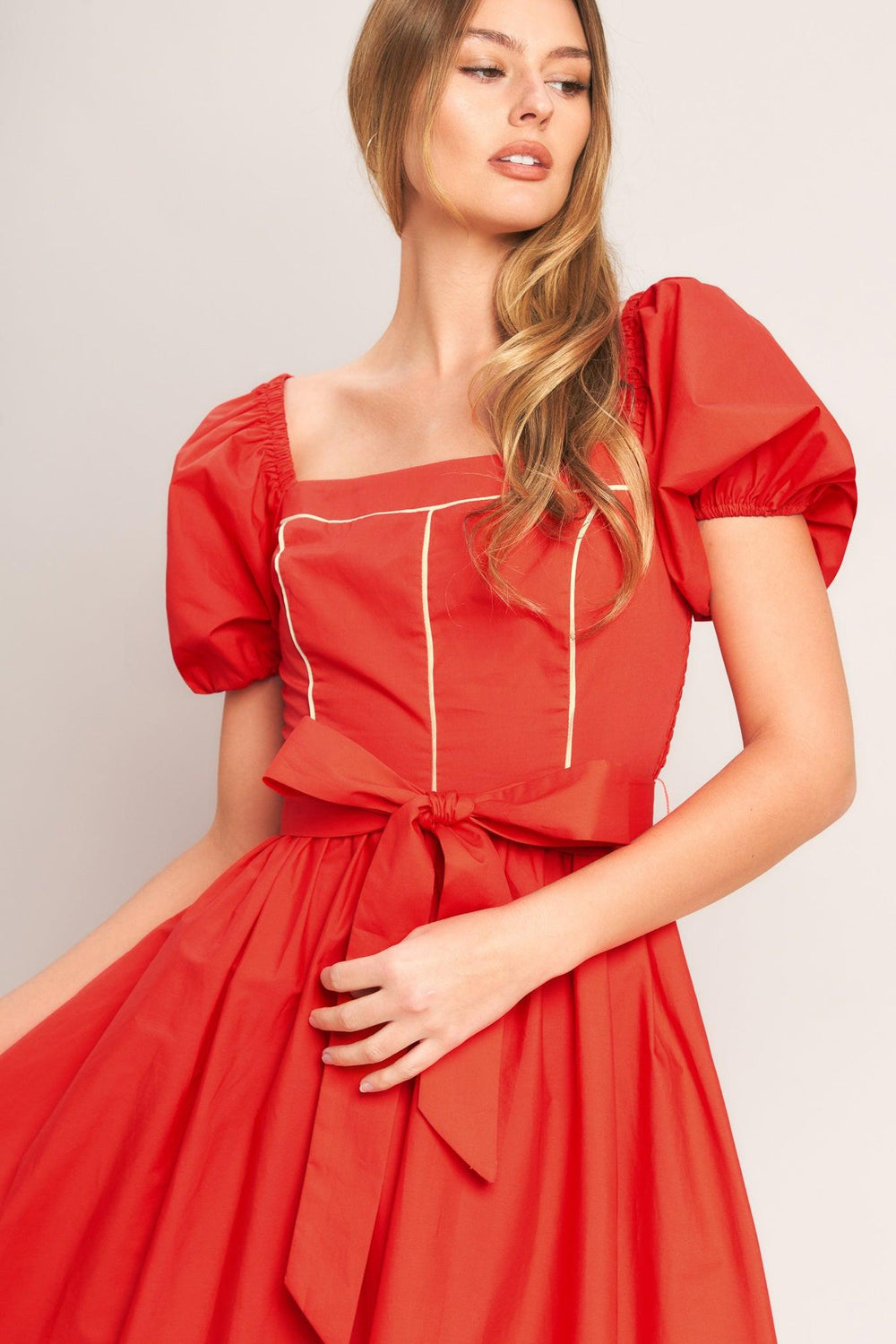 SUNSET ROMANCE WOVEN MIDI DRESS.