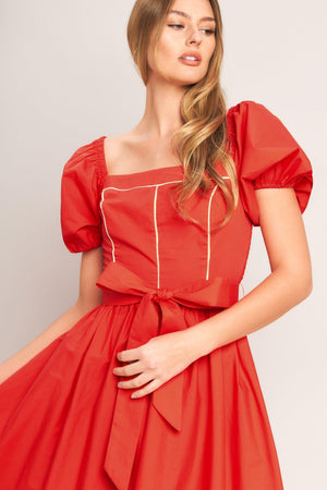 SUNSET ROMANCE WOVEN MIDI DRESS.