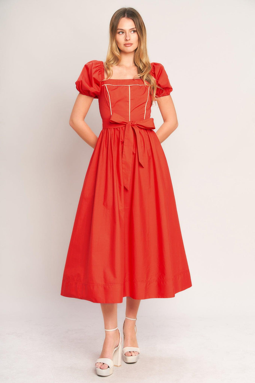 SUNSET ROMANCE WOVEN MIDI DRESS.