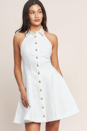 White sleeveless mini dress with a collared neckline, fitted bodice, and gold button front

Details:

Self: 97% Cotton 3% Spandex

Size & Fit

- Model is 5`8" And Wearing Size Small
- Measurements Taken From Size Small
- Approx. Length: 35"