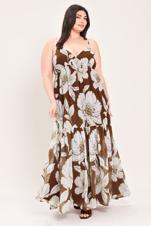 Woman wearing a brown with beige flowers maxi dress with single tier and smocked back bodice | Flying Tomato