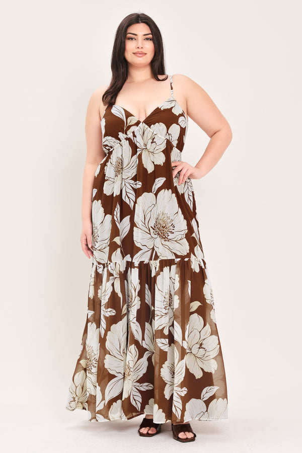 Woman wearing a brown with beige flowers maxi dress with single tier and smocked back bodice | Flying Tomato