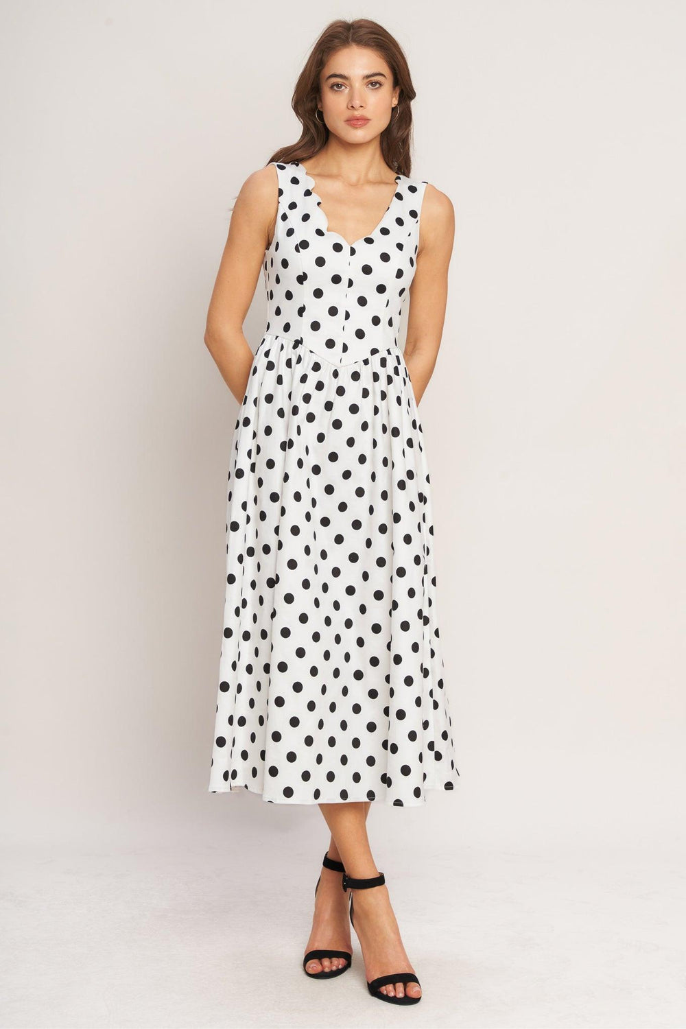VINTAGE WHISPER POLKA WOVEN MIDI DRESS.