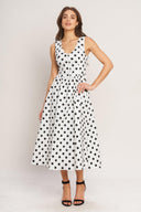 VINTAGE WHISPER POLKA WOVEN MIDI DRESS.