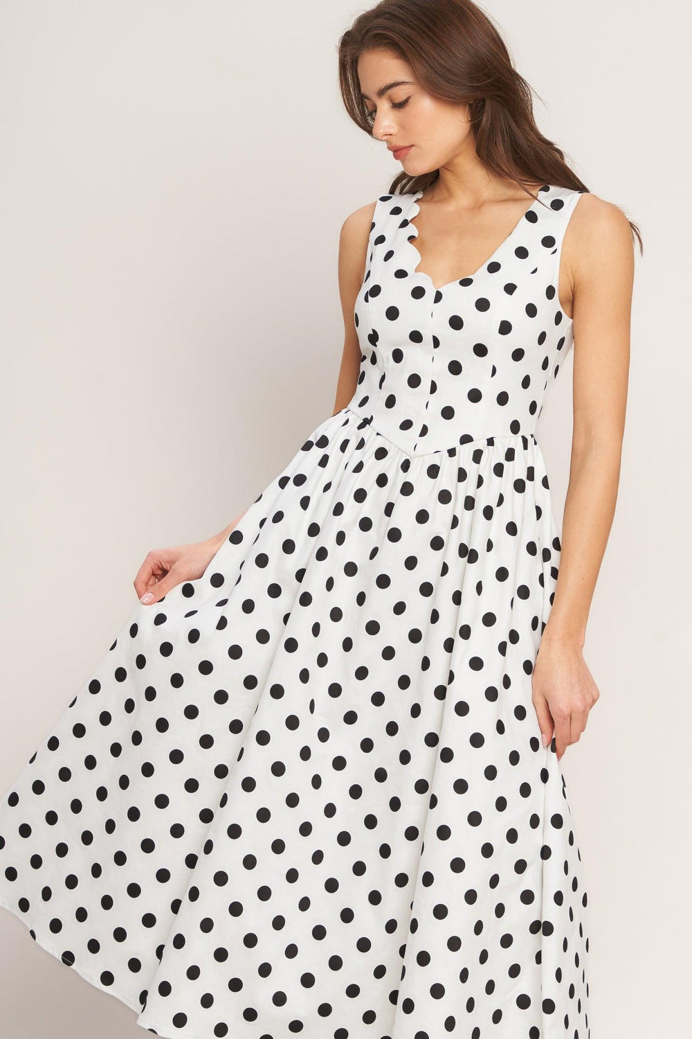 VINTAGE WHISPER POLKA WOVEN MIDI DRESS.