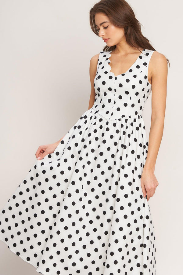 VINTAGE WHISPER POLKA WOVEN MIDI DRESS.